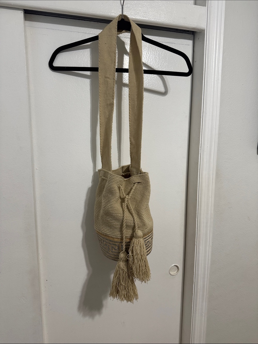 Beige Woven Tassel Crossbody Bag - Women